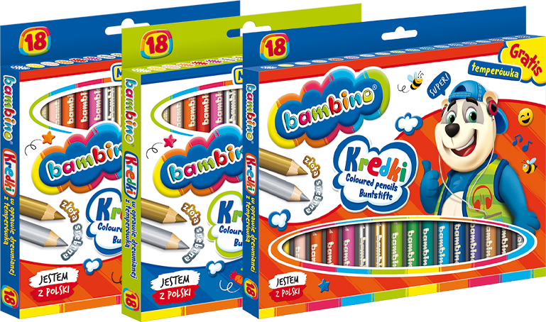 3x Kredki Bambino Zwierzaki Uczniaki, w oprawie drewnianej, 18 sztuk + temperówka, mix kolorów
