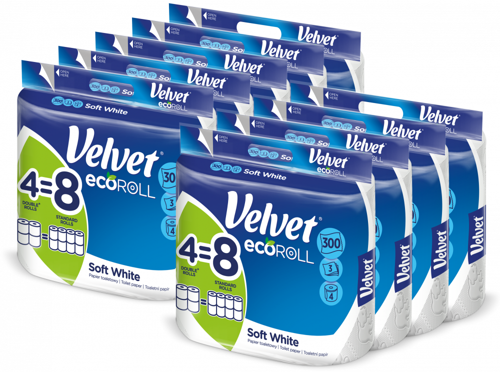 9x Papier toaletowy Velvet EcoRoll, 3-warstwowy, 4 rolki, biały