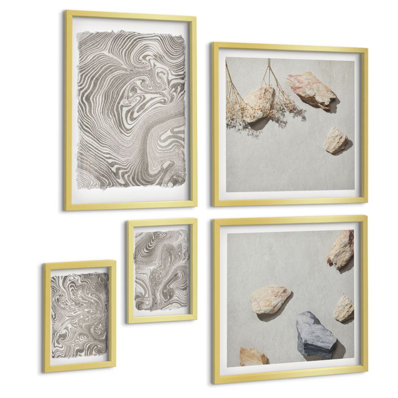 Galeria 5 Obrazów ArtPrintCave (2x50x50+2x20x30+40x60cm) Złota rama Nowoczesne kształty abstrakcji 1 kpl.