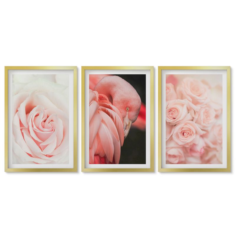 Zestaw 3 obrazów w złotych ramach Tulup 40x60 cm Pastelowe róże flamingi delikatnie Galeria ścienna 1 kpl