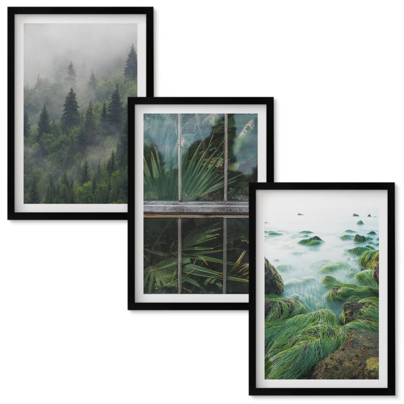 Zestaw obrazów Wallfluent Las mgła brzeg rzeki szklarnia Czarna rama 40x60 cm 3 szt.
