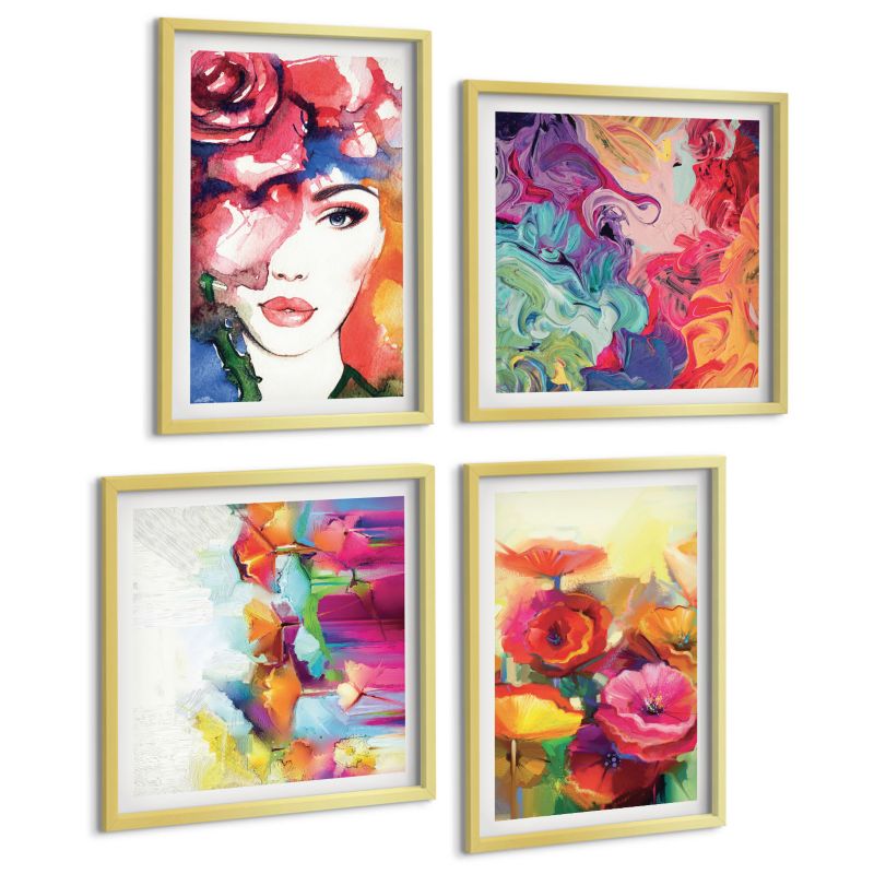 Zestaw 4 Obrazów ArtPrintCave (2x50x50+2x40x60cm) Złota rama Kwiaty intensywne kolory portret 1 kpl.