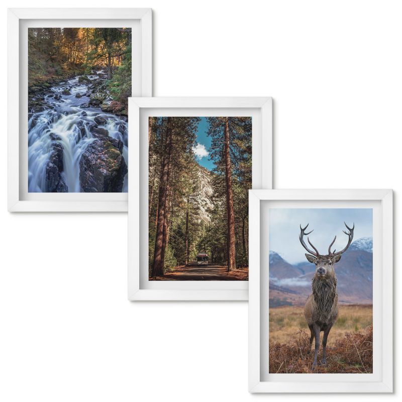 Zestaw Obrazów w Ramie Wallfluent Wodospad las góry jeleń natura Biała rama 20x30cm 3 szt.