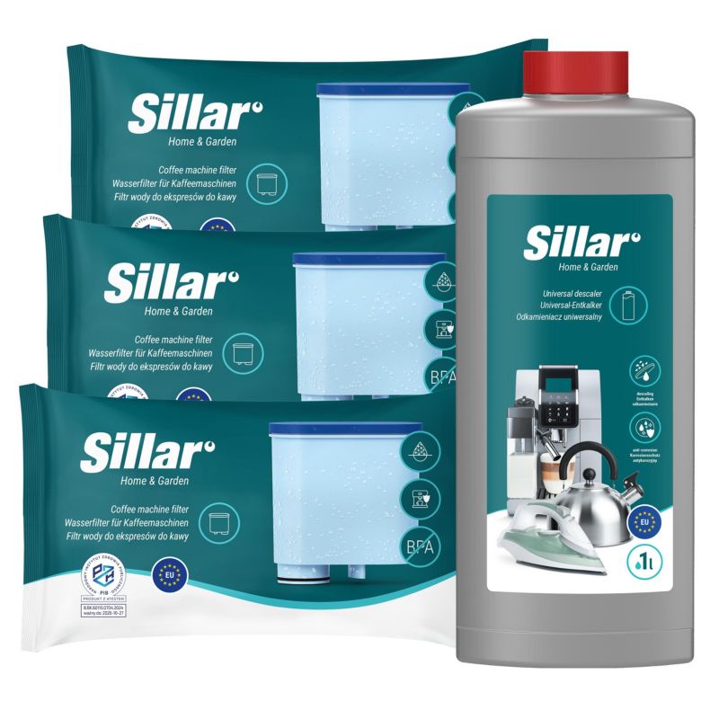 Filtr wody, Sillar, do ekspresów do kawy, 3szt + odkamieniacz, 1L, zestaw do Philips Saeco, zamiennik CA6903/00 CA6903/10, 1szt.