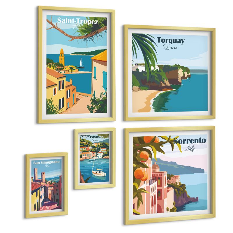 Pięcioczęściowy Zestaw Obrazów ArtPrintCave (2x50x50+2x20x30+40x60cm) Złota rama Retro ilustracje miast świata 1 kpl.