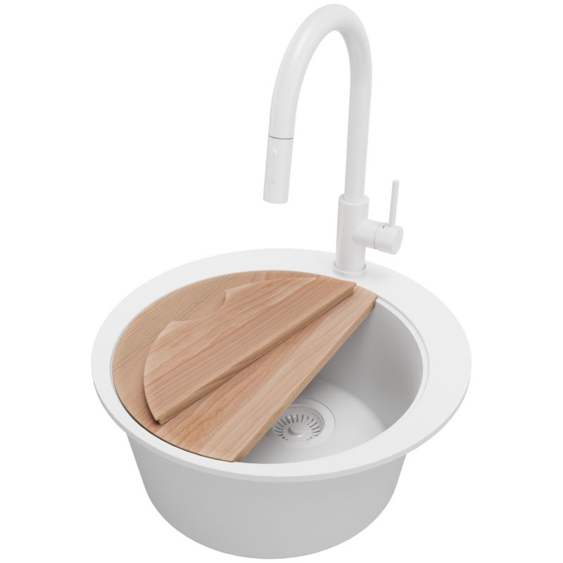Zlewozmywak Granitowy Piza Top PRIMAGRAN Nablatowy 50x50cm do Szafki od 45cm, Cały Biały + Bateria + Syfon + Deska, S044, 1 szt.
