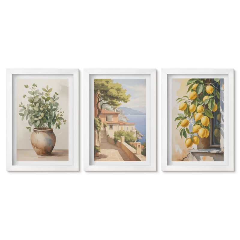 Seria obrazów 3 sztuki Tulup 20x30 cm Kwiaty w wazonie morze cytryny Obrazy w białej ramie 1 kpl
