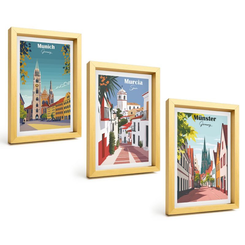 Komplet 3 Obrazów w Złotej Ramie ArtPrintCave 20x30 cm Grafika Ścienna Miasta Europy kolorowe rysunki 1 kpl.