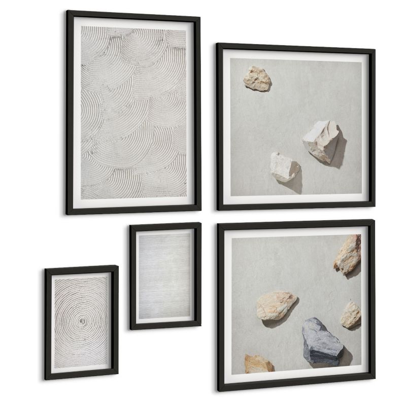 Zestaw 5 Obrazów ArtPrintCave (2x50x50+2x20x30+40x60cm) Czarna rama Geometryczne tektury kamienie 1 kpl.