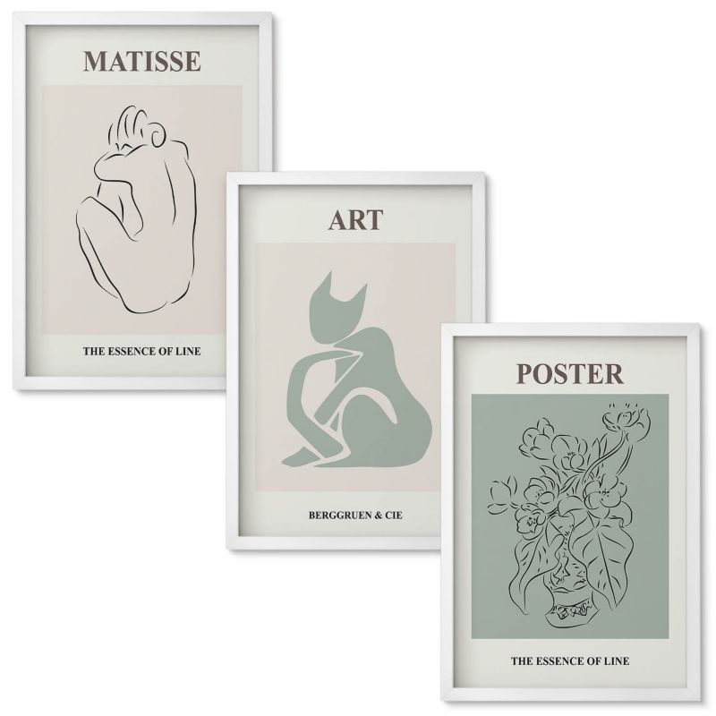 Set Obrazów w Ramie Wallfluent Postery beż zielony Matisse Biała rama 40x60 cm 3 szt.