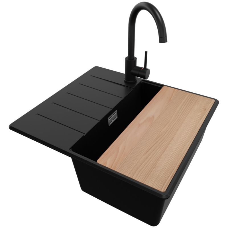 Zlewozmywak Granitowy Kopenhaga Top PRIMAGRAN Nablatowy 55x50cm do Szafki od 40cm, Czarny + Bateria + Syfon + Deska, S067, 1 szt.