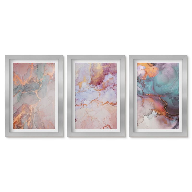 Trzy obrazy w srebrnej ramie zestaw Tulup 20x30 cm Abstrakcyjne pastelowe wzory Stylowa galeria nad biurko 1 kpl