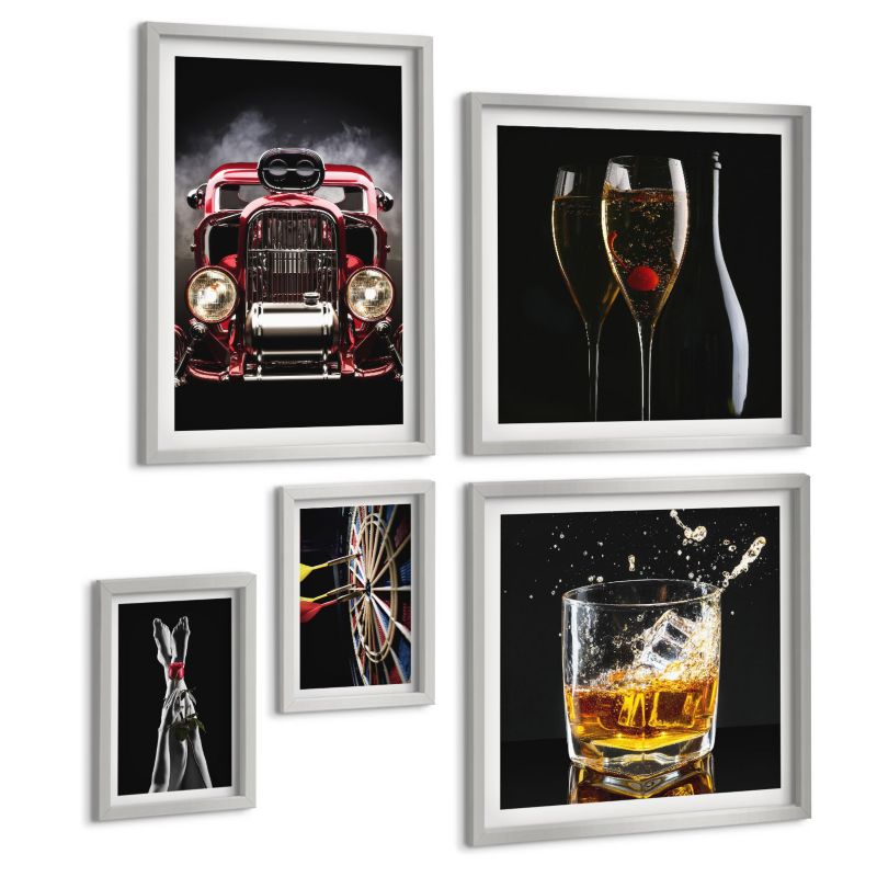 Zestaw 5 Obrazów ArtPrintCave (2x50x50+2x20x30+40x60cm) Srebrna rama Kobiece nogi róża auto wino 1 kpl.
