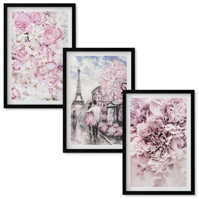 Obraz Ścienny Zestaw Wallfluent Kwiaty odcienie różu krajobraz Czarna rama 40x60 cm 3 szt.