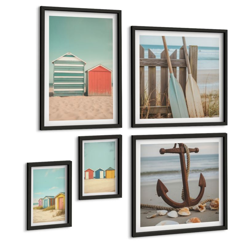 Zestaw Obrazów 5 Częściowy ArtPrintCave (2x50x50+2x20x30+40x60cm) Czarna rama Kolorowe domki plaża słońce 1 kpl.
