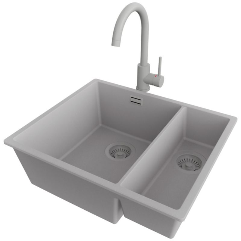 Zlewozmywak Granitowy Londyn Duo Slim PRIMAGRAN Nablatowy 56x47cm do Szafki od 60cm, Cały Szary + Bateria + Syfon, S016, 1 szt.