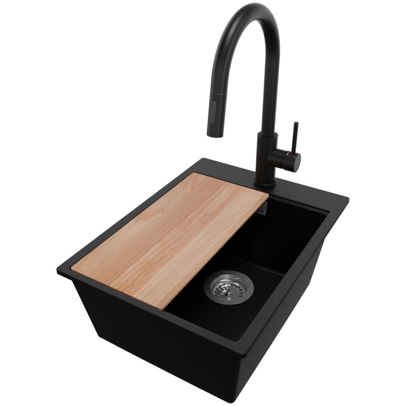 Zlewozmywak Granitowy Oslo Top PRIMAGRAN Nablatowy 38x50cm do Szafki od 40cm, Czarny + Bateria + Syfon + Deska, S091, 1 szt.