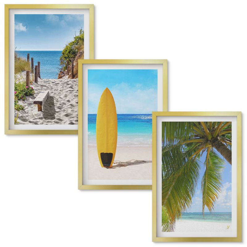 Tryptyk w Ramie Wallfluent Wakacyjne plaże fale palmy Złota rama 40x60 cm 3 szt.