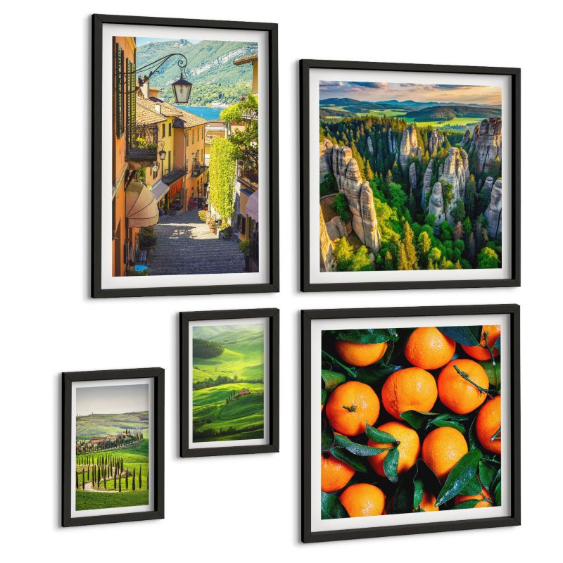 Pięcioczęściowy Zestaw Obrazów ArtPrintCave (2x50x50+2x20x30+40x60cm) Czarna rama Włoska wieś pomarańcze natura 1 kpl.