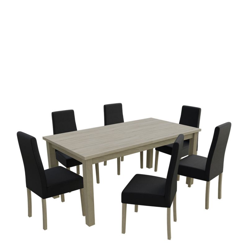 Zestaw RO20 MIRJAN 24 Stół rozkładany S18-L 80x160/200 + 6 krzeseł K63A dąb sonoma + czarna ekoskóra 1 kpl.
