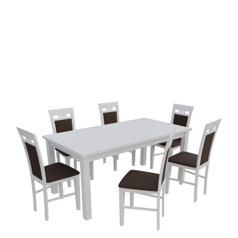Zestaw RO16 MIRJAN 24 Stół rozkładany S18-L 80x160/200 + 6 krzeseł K31 biały + gorzka czekolada 1 kpl.