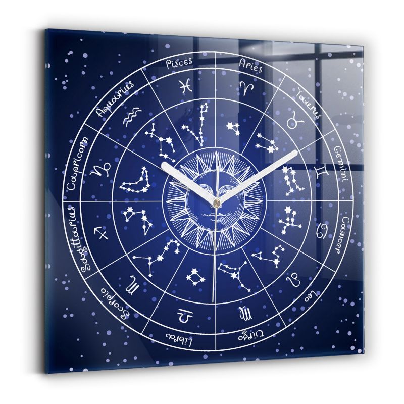 Zegar szklany białe wskazówki Wallfluent 30x30 cm Gwiazdozbiory niebieskie zodiaków 1 szt.