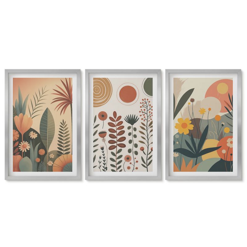 Zestaw 3 obrazów w srebrnej ramie Tulup 40x60 cm Boho roślinne wzory natura Stylowa galeria nad biurko 1 kpl