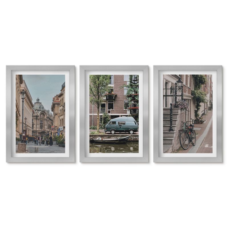 Zestaw 3 obrazów w srebrnej ramie Tulup 20x30 cm Miejskie widoki na budynki Galeria ścienna 1 kpl