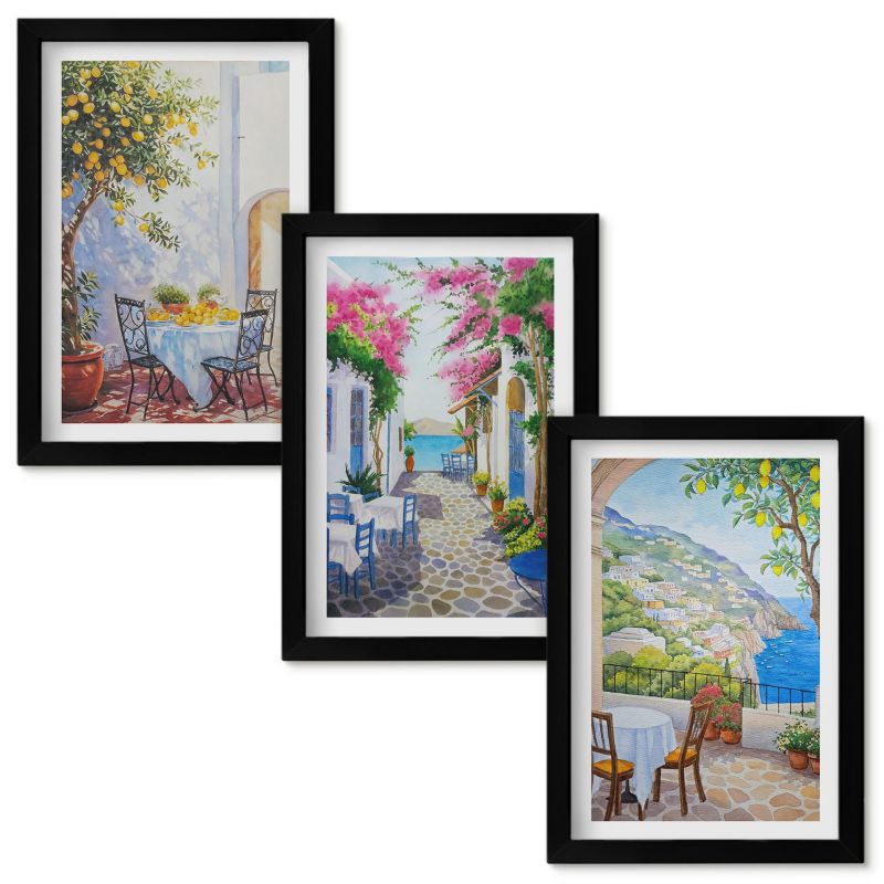 Obrazy do Salonu Wallfluent Urokliwe uliczki rośliny morze Czarna rama 20x30cm 3 szt.