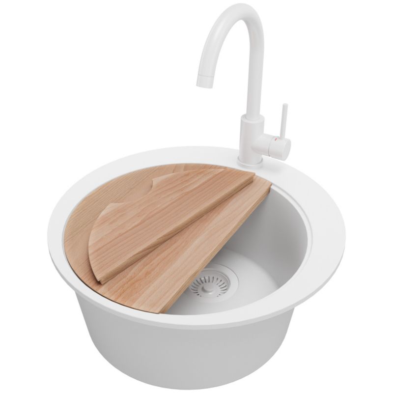 Zlewozmywak Granitowy Piza Top PRIMAGRAN Nablatowy 50x50cm do Szafki od 45cm, Cały Biały + Bateria + Syfon + Deska, S038, 1 szt.