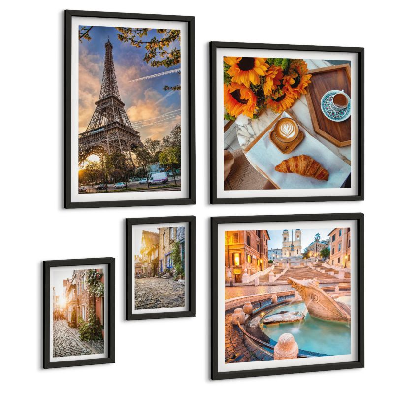 Pięcioczęściowy Zestaw Obrazów ArtPrintCave (2x50x50+2x20x30+40x60cm) Czarna rama Urokliwe uliczki z kawą 1 kpl.