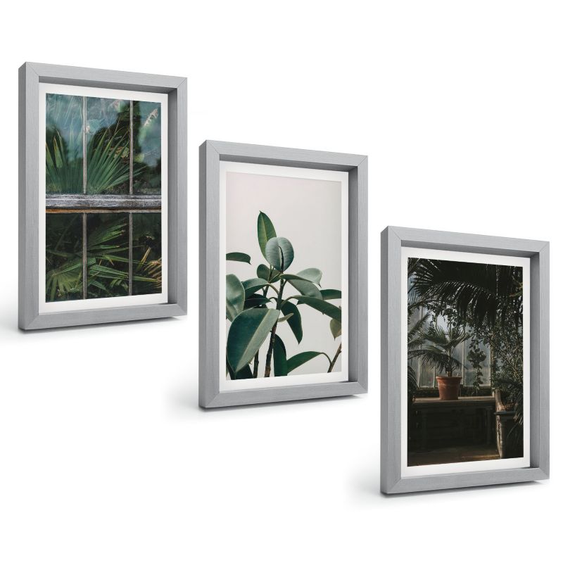Galeria 3 Obrazów w Srebrnej Ramie ArtPrintCave 20x30 cm Komplet ścienny Zielone liście w oknie rośliny 1 kpl.