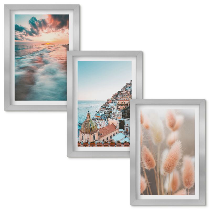 Zestaw Obrazów w Ramie Wallfluent Morze zachód słońca domy kwiaty Srebrna rama 20x30cm 3 szt.