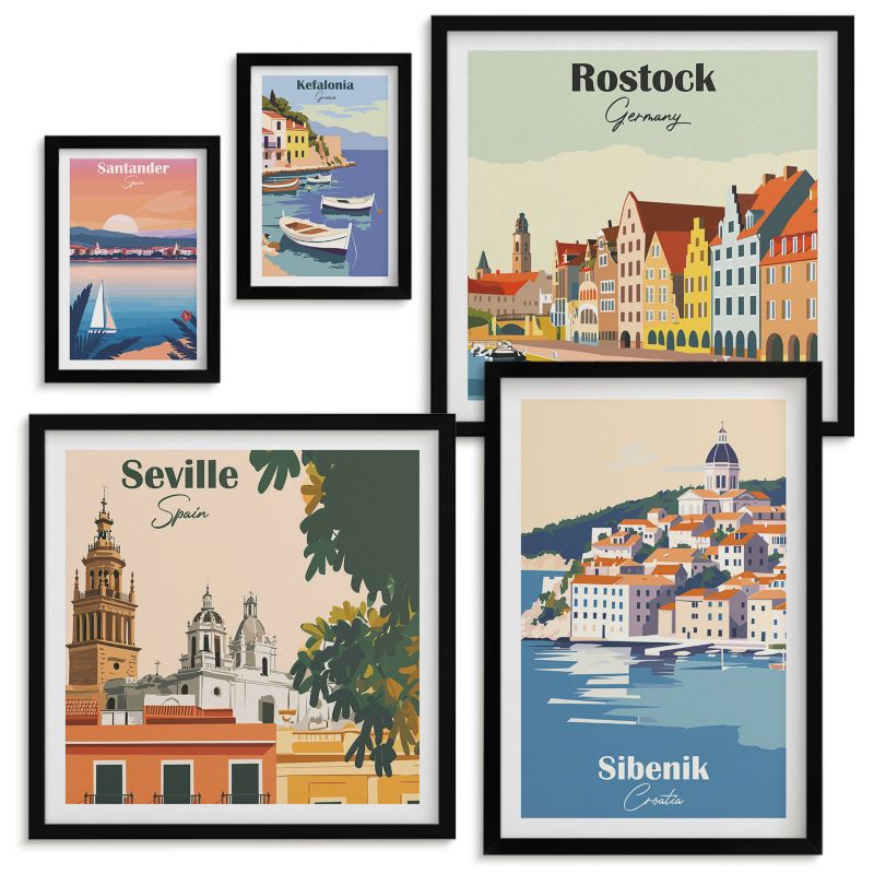 Set Obrazów w Ramie Wallfluent Górskie pejzaże i miasta Czarna rama 5 szt.