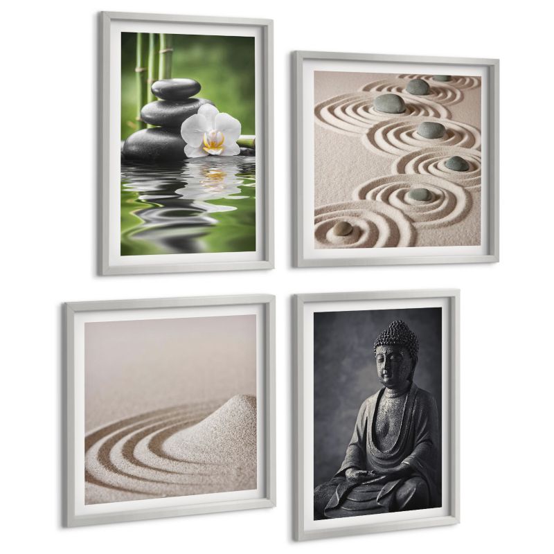 Czteroczęściowy Zestaw Obrazów ArtPrintCave (2x50x50+2x40x60cm) Srebrna rama Relaksujący Budda na plaży 1 kpl.