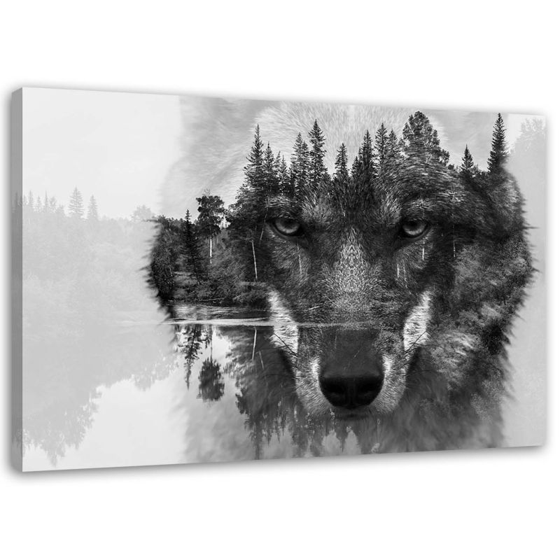 Obraz na płótnie Feeby Czarny wilk na tle lasu i jeziora abstrakcja 120x80cm 1szt