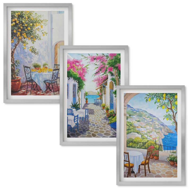 Obrazy do Salonu Wallfluent Urokliwe uliczki rośliny morze Srebrna rama 40x60 cm 3 szt.