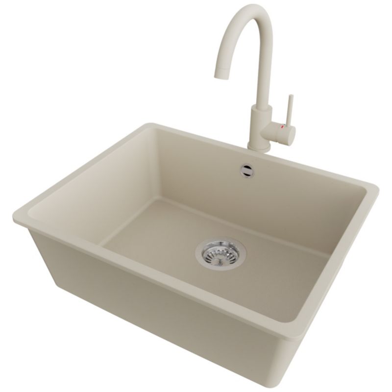 Zlewozmywak podblatowy Wenecja Easy PRIMAGRAN 56x44cm do Szafki od 60cm, Beżowy + Bateria 32x20cm + Syfon, S077, 1 szt.