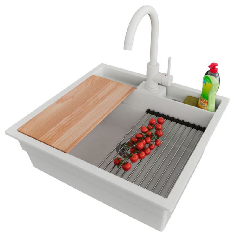 Zlewozmywak podblatowy Bergen Double Pocket PRIMAGRAN 56x54cm do Szafki od 60cm, Biały + Bateria 32x20cm + Syfon, S042, 1 szt.
