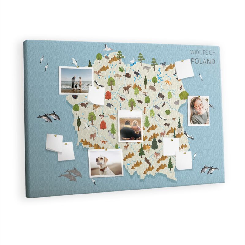 Tablica Korkowa Na Płótnie Tulup 120x80 cm Polska Mapa zwierząt Ozdobna loft Pinezki kolorowe 1 kpl