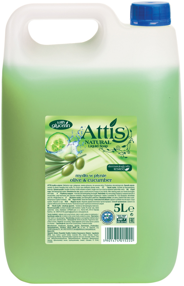 Mydło w płynie Attis Gold Drop Natural Oliwka i ogórek, zapas, 5l