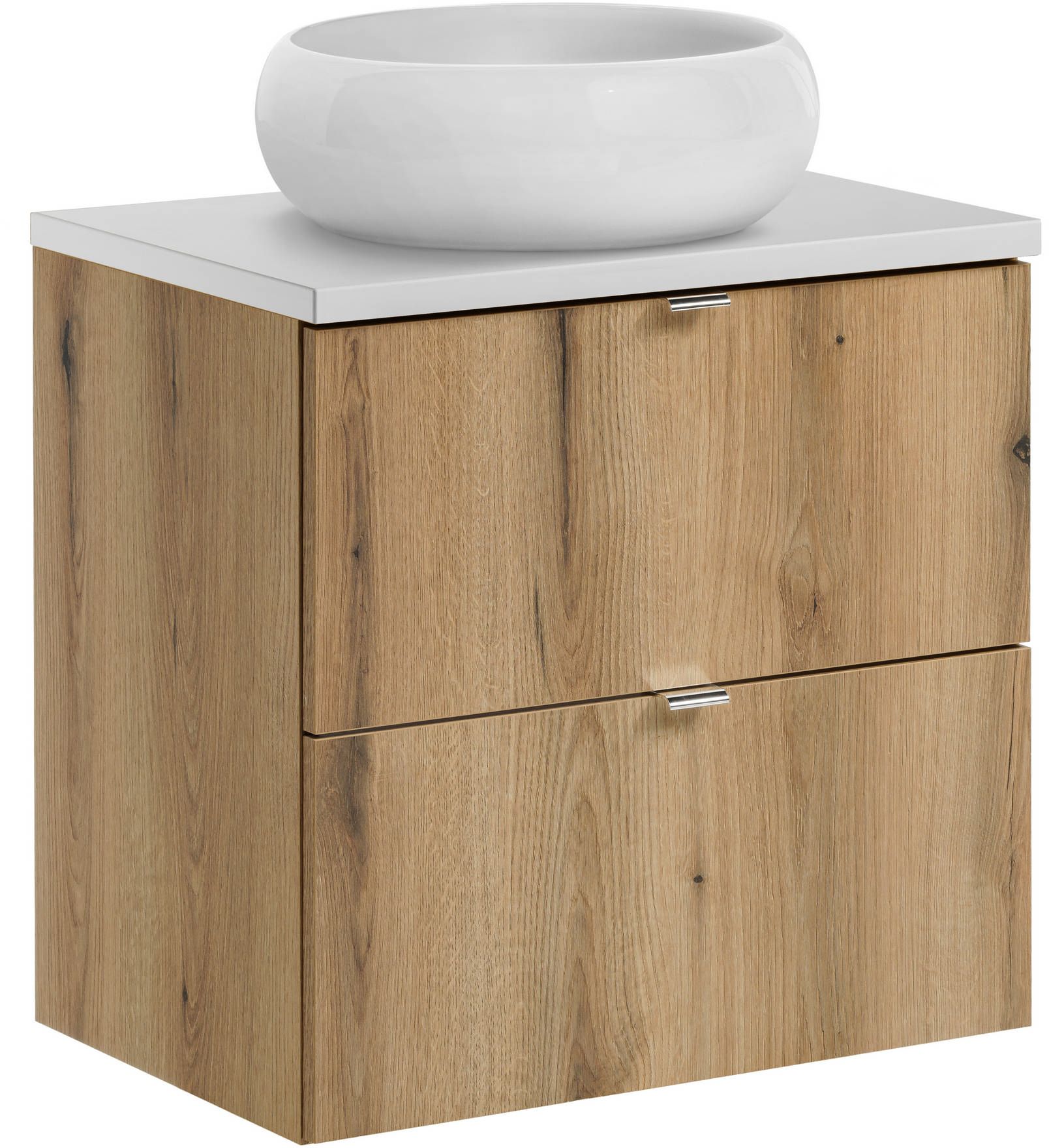 Zestaw Comad Nova Oak/White szafka z blatem 60 cm wisząca dąb/biały i umywalka Wiki 36x36 cm biała SET-NOA B WHITE 60CM S UN WIKI SW