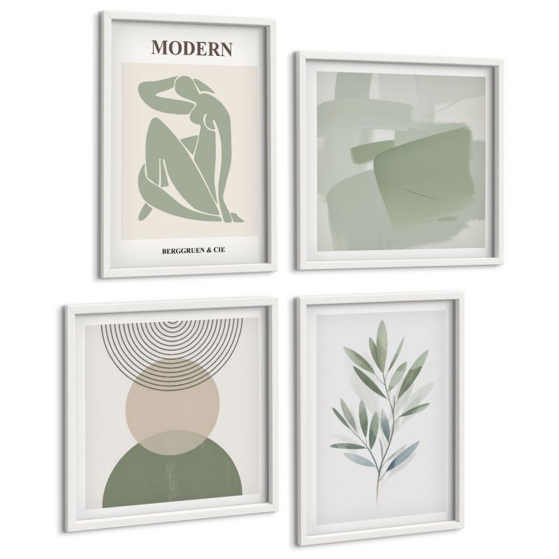 Galeria 4 Obrazów ArtPrintCave (2x50x50+2x40x60cm) Biała rama Stylowe grafiki roślinne abstrakcyjne 1 kpl.