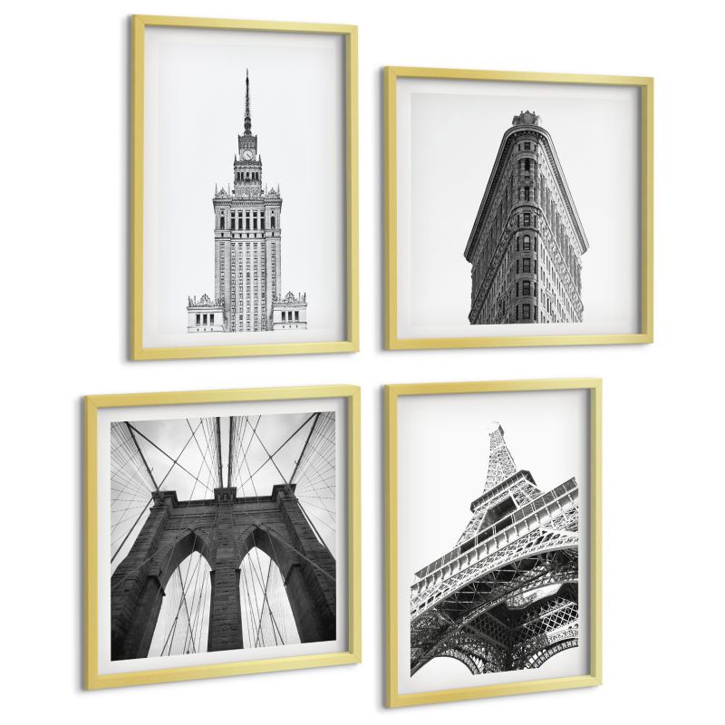 Zestaw Obrazów 4 Częściowy ArtPrintCave (2x50x50+2x40x60cm) Złota rama Architektura czerni bieli minimalizm 1 kpl.