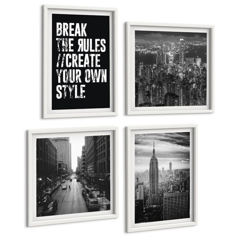 Zestaw 4 Obrazów ArtPrintCave (2x50x50+2x40x60cm) Biała rama Ulice miasta czarno-białe inspiracja 1 kpl.