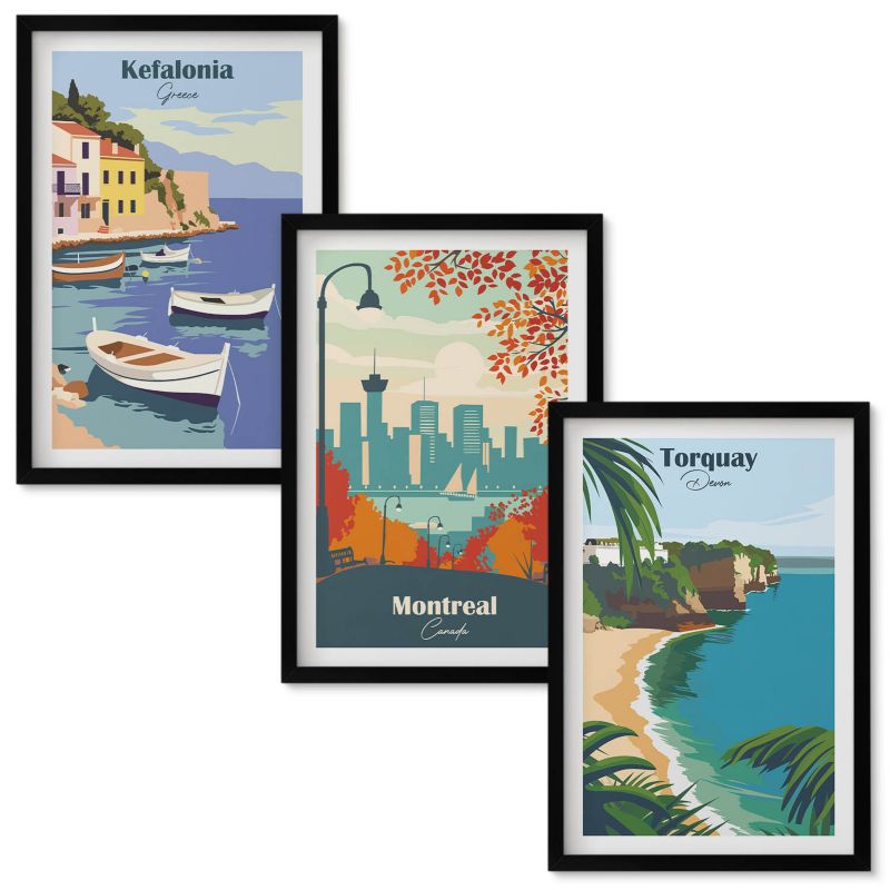 Zestaw obrazów Wallfluent Widoki miast z Grecji Kanady Australii Czarna rama 40x60 cm 3 szt.