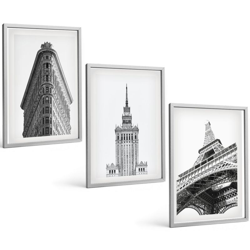 Zestaw Obrazów 3 Częściowy ArtPrintCave Srebrne Ramki 40x60 cm Dekoracja do Sypialni Czarno-Srebrne budowle 1 kpl.