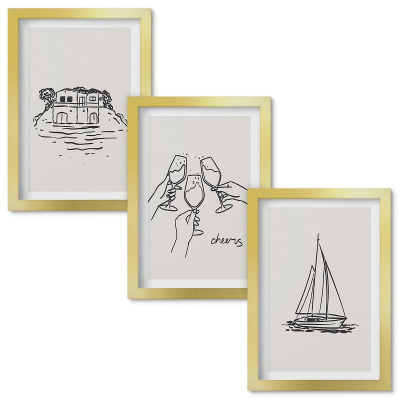 Zestaw obrazów Wallfluent Dom nad wodą żaglówka toast Złota rama 20x30cm 3 szt.