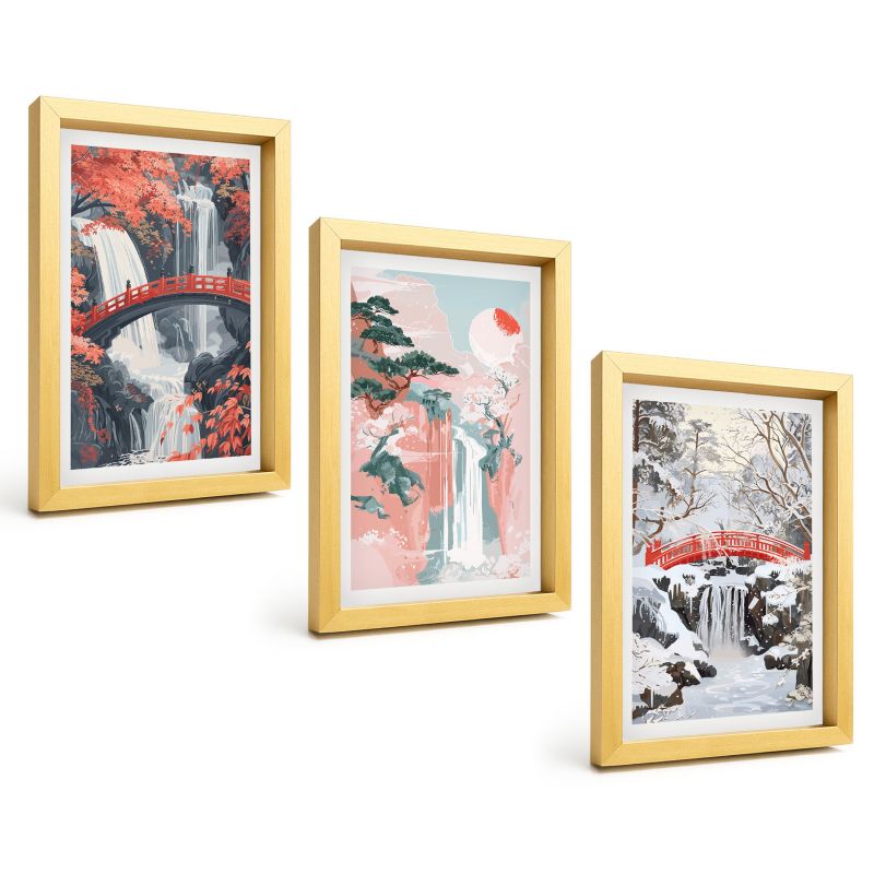 Zestaw 3 Obrazów w Złotej Ramie ArtPrintCave 20x30 cm Galeria Ścienna Wodospady pory roku 1 kpl.