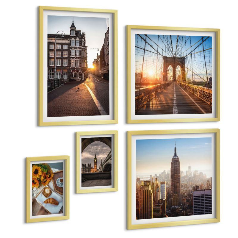 Pięcioczęściowy Zestaw Obrazów ArtPrintCave (2x50x50+2x20x30+40x60cm) Złota rama Weneckie uliczki woda architektura 1 kpl.